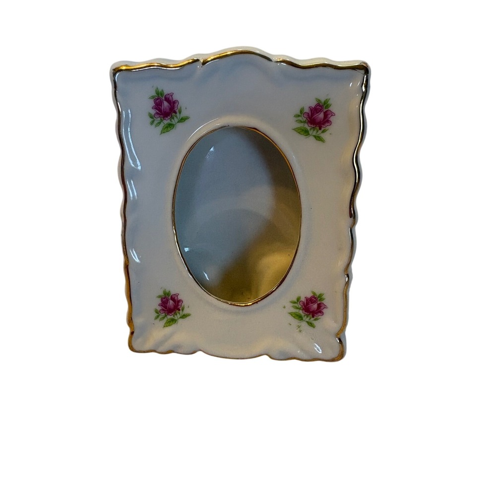Rose Floral Picture Frame Ceramic‎ Gold Trim Oval Scalloped Porcelain Vintage